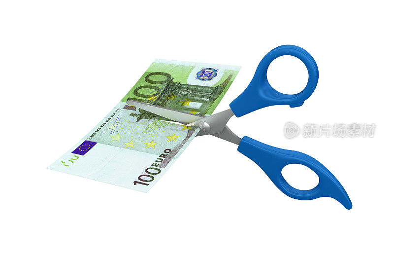 剪刀切割欧元纸币- 3D渲染